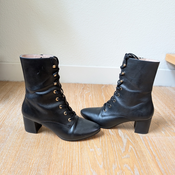 Stuart Weitzman Black Lace-Up Boots with Gold Accents - Picture 4 of 6